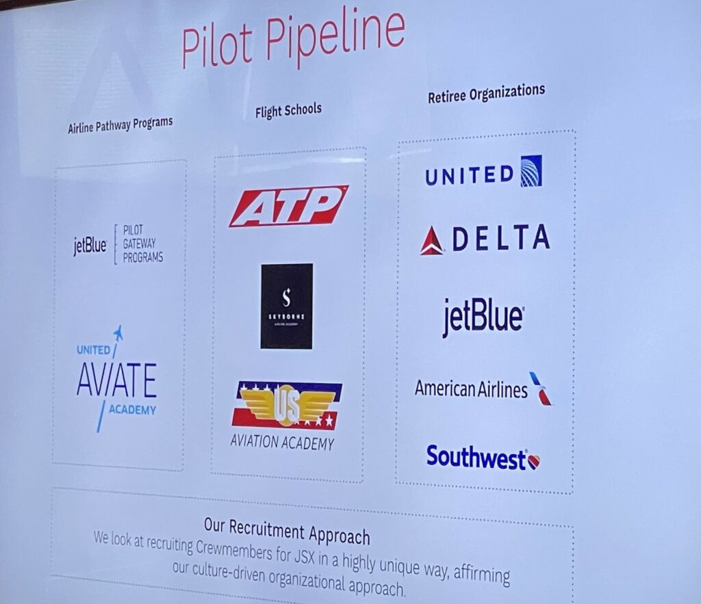 A slide of JSX's pilot pipeline; the carrier is partnered with various airline pathway programs, flight schools and retiree organizations 