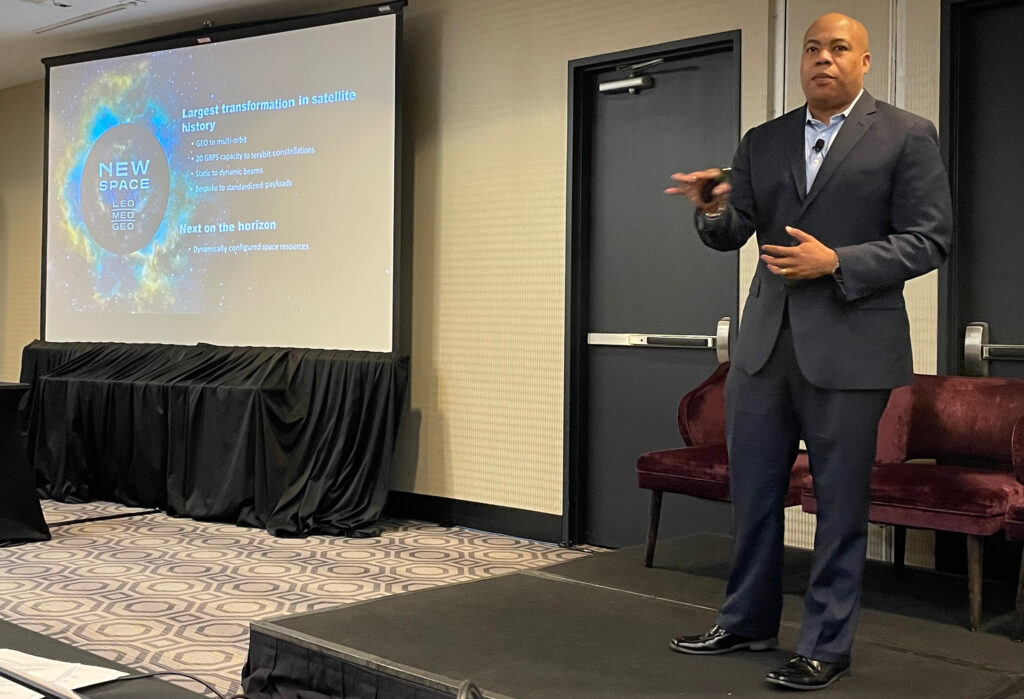 Sean Yarborough presents at APEX TECH. He is seen here explaining the New Space ecosystem.