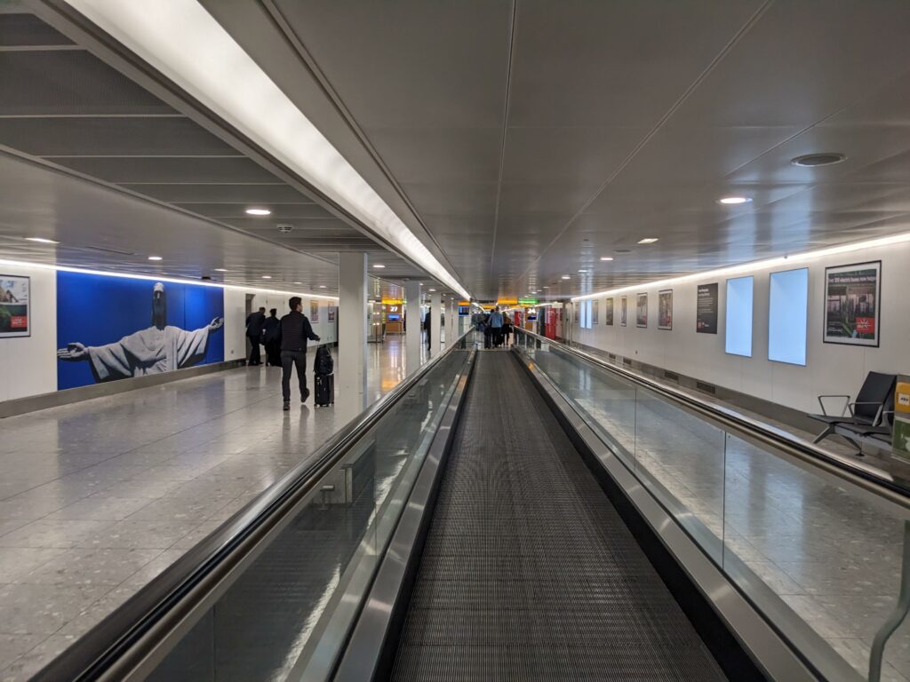 A moving walkway in T3 at London Heathrow airport