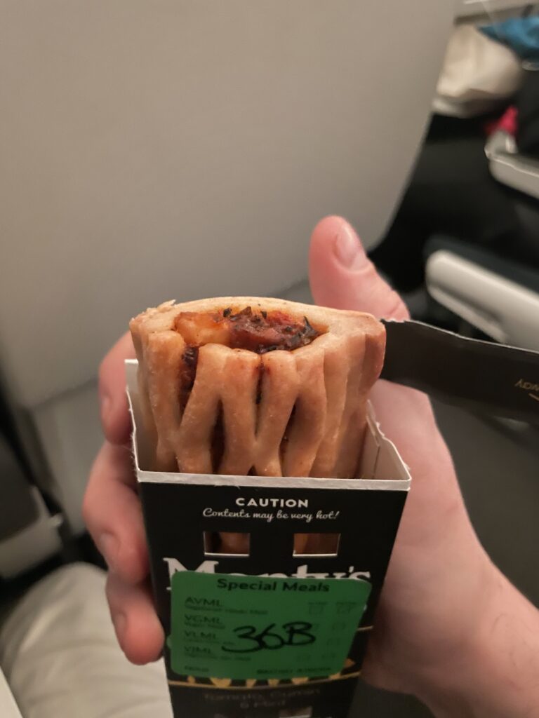 A man is holding up a Indian-flavored vegetarian Wellington in economy class with British Airways.