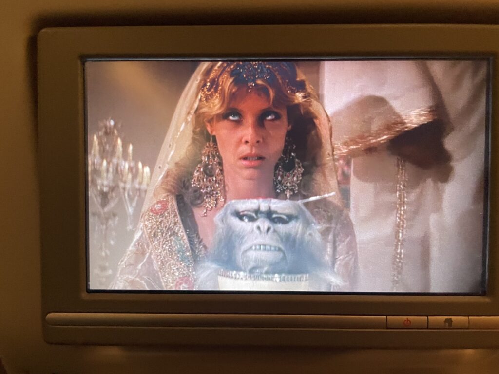 A scene in the movie Temple of Doom is playing on the seatback IFE.