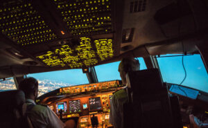 Flightdeck View of departing Boeing 777