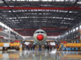 The nose of an Airbus aircraft in a hanger in China