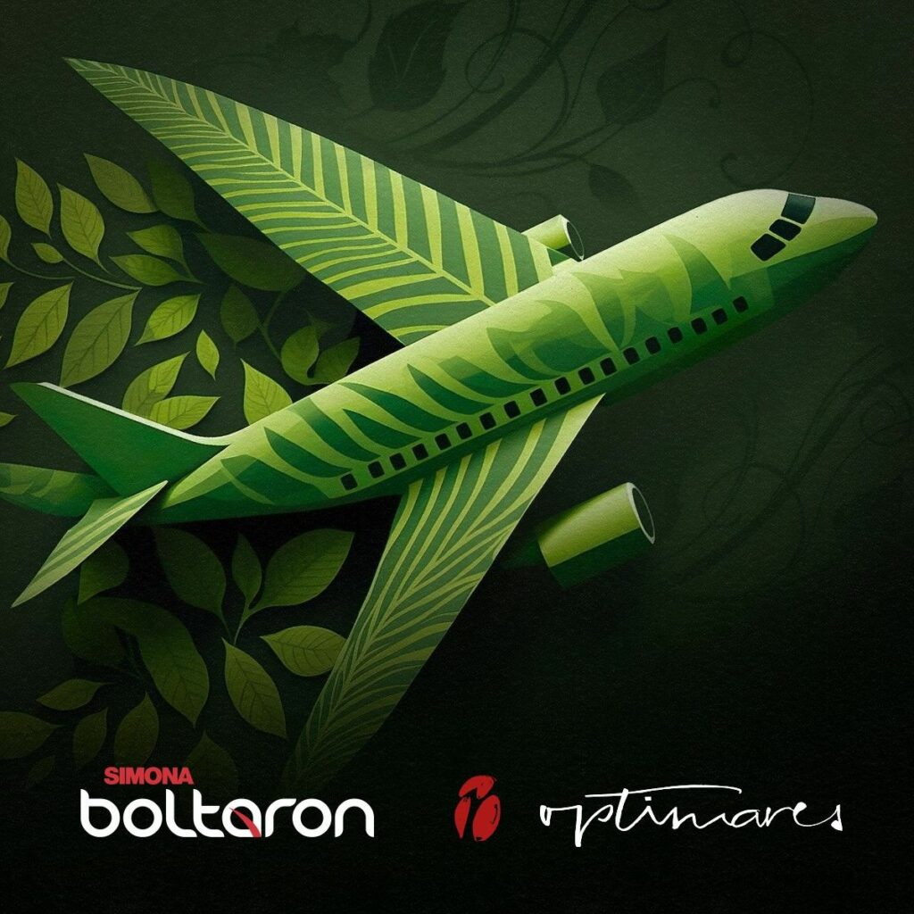 A green aircraft, decorated as a leaf, soars above the SIMONA Boltaron and Optimares logos