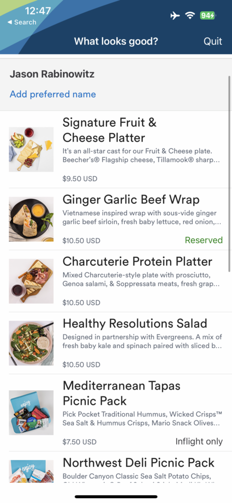 Screenshot of Alaska Airlines' pre-order menu 