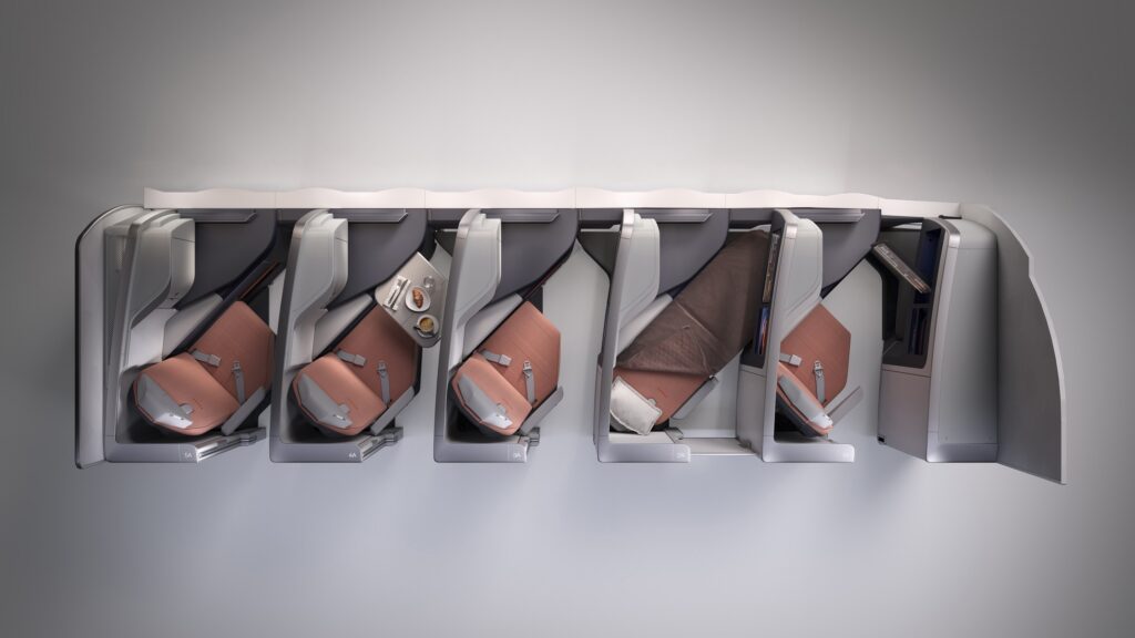 A rendering of an overhead view of the flydubai business class, showing various seat positions including lie-flat and upright whilst dining.