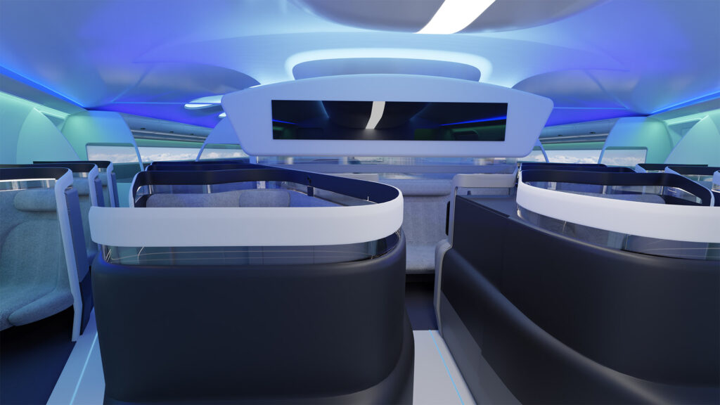 Rendering of premium suites on board the JetZero BWB aircraft. The suites are large, with high exterior shrouds. LED lights cast a pretty glow of blues, purples and greens.