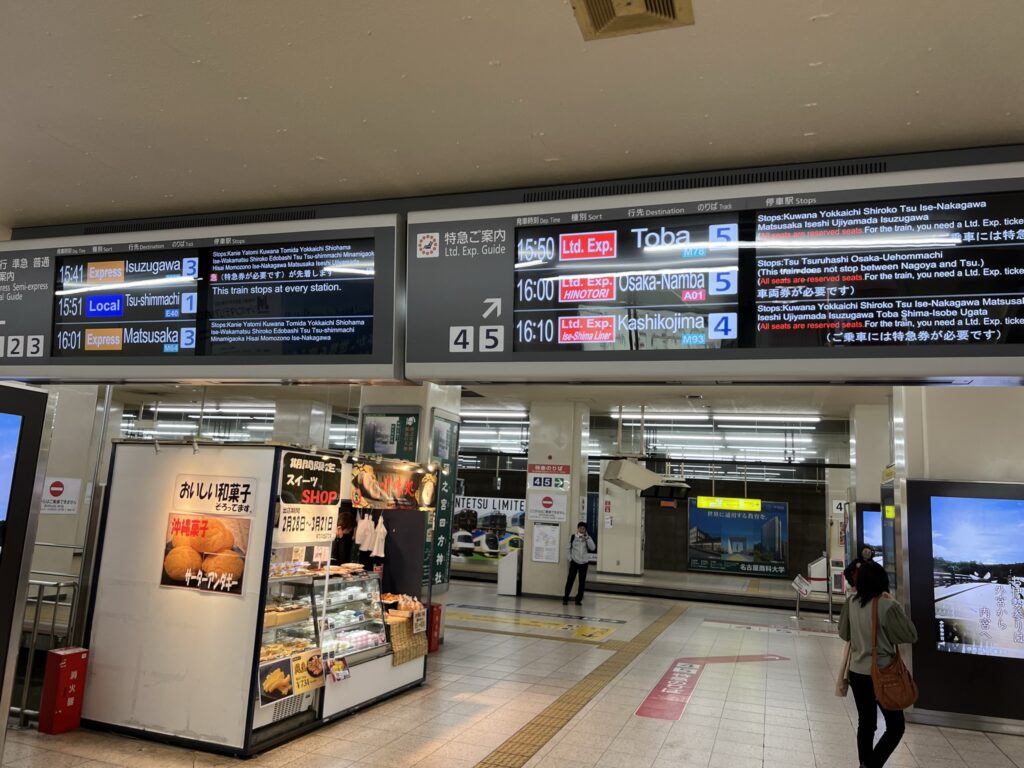 Kintetsu’s Nagoya station with vendors and signage in view.