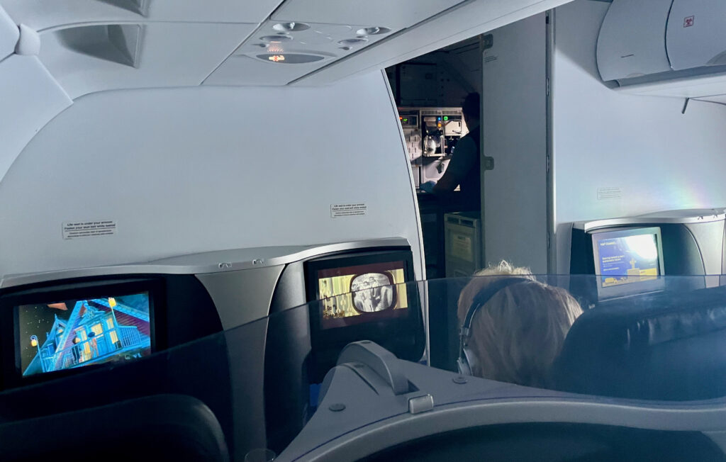 A photo snapped from the throne seat in the second row of JetBlue's Mint cabin. The seats are Thompson Vantage, and alternate between doubles and thrones.