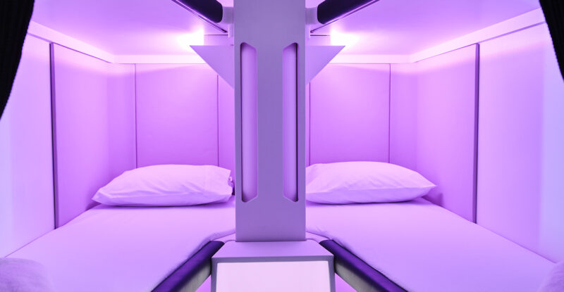 Air NZ Skynest is pictured. Six stacked bunks (three on either side of the capsule).