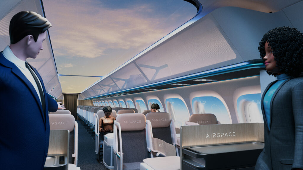 Airspace Cabin Vision 2035+ rendering. The cabin is brightly lit with clouds covering the ceiling. Small overhead bins stretch the length of the cabin. 