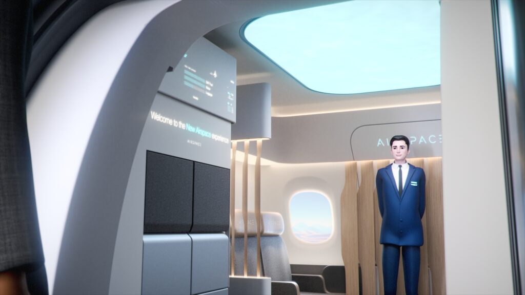 Airbus Airspace Cabin Vision 2035+ rendering of the aircraft entryway. A large skylight casts a soft glow. A crew member waits to greet guests. 