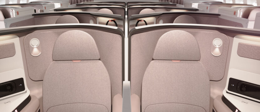 Unum 2 business class seat rendering. Two center seats are separated by a divider.