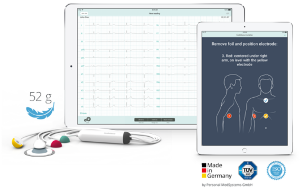 Two different tablets are displayed with different screens of the CardioSecur applications on the,. A small device with four different colored ends is sitting next to them