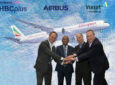 Pictured here at the Airbus chalet, celebrating Ethiopian Airlines’ selection of Airbus’ HBCplus during the Aircraft Interiors Expo (AIX), from left to right: ~ André SCHNEIDER, VP Cabin & Cargo Programme, Airbus; ~ Mesfin TASEW, Group Chief Executive Officer, Ethiopian Airlines; ~ Don BUCHMAN, General Manager and Vice President Commercial Aviation, Viasat; ~ Niels STEENSTRUP, President, Aviation, Inmarsat (recently acquired by Viasat).