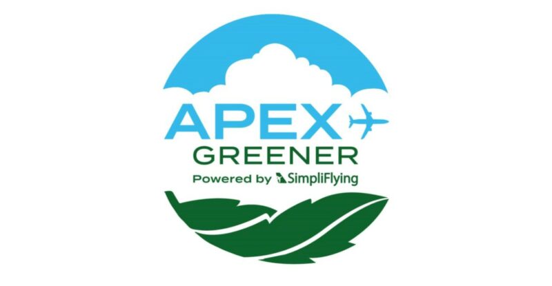 A circular logo of a blue sky top and green leaf bottom. In the middle is the title APEX Greener by Simpliflying.