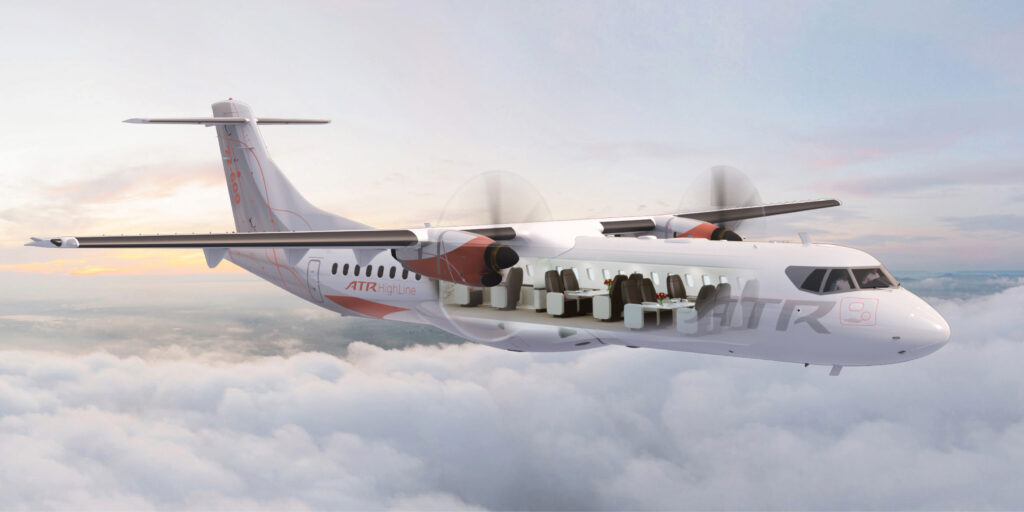 A rendering of an ATR 72 turboprop featuring a HighLine interior.