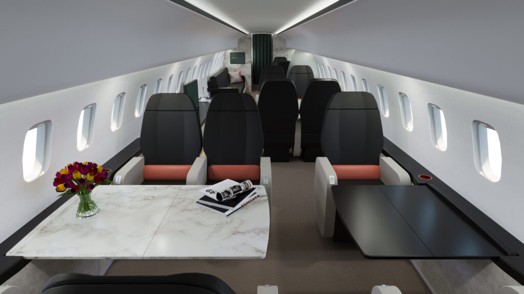 A rendering of the Bespoke cabin interior for ATR aircraft. Black seats are seen in various positions, including in front of tables and beside a sofa. 