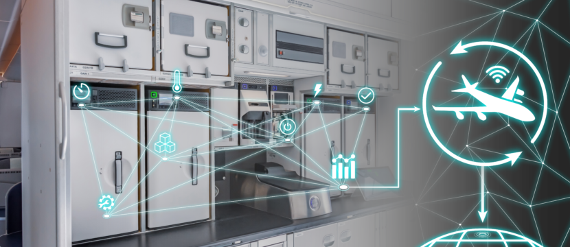Collins Aerospace Connected Gallery is seen in this image. An overlay of various lines and icons to represent the behind the scenes connection and IoT.