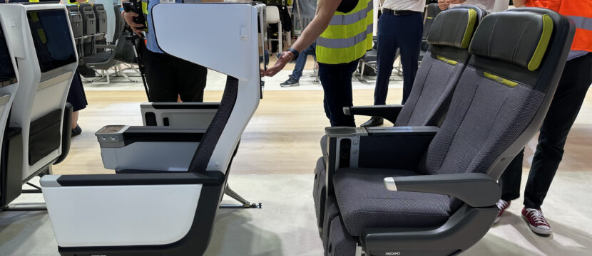 Side view of the new Recaro premium economy seats on the AIX show floor. The seat can feature large privacy wings, if the airline wishes.