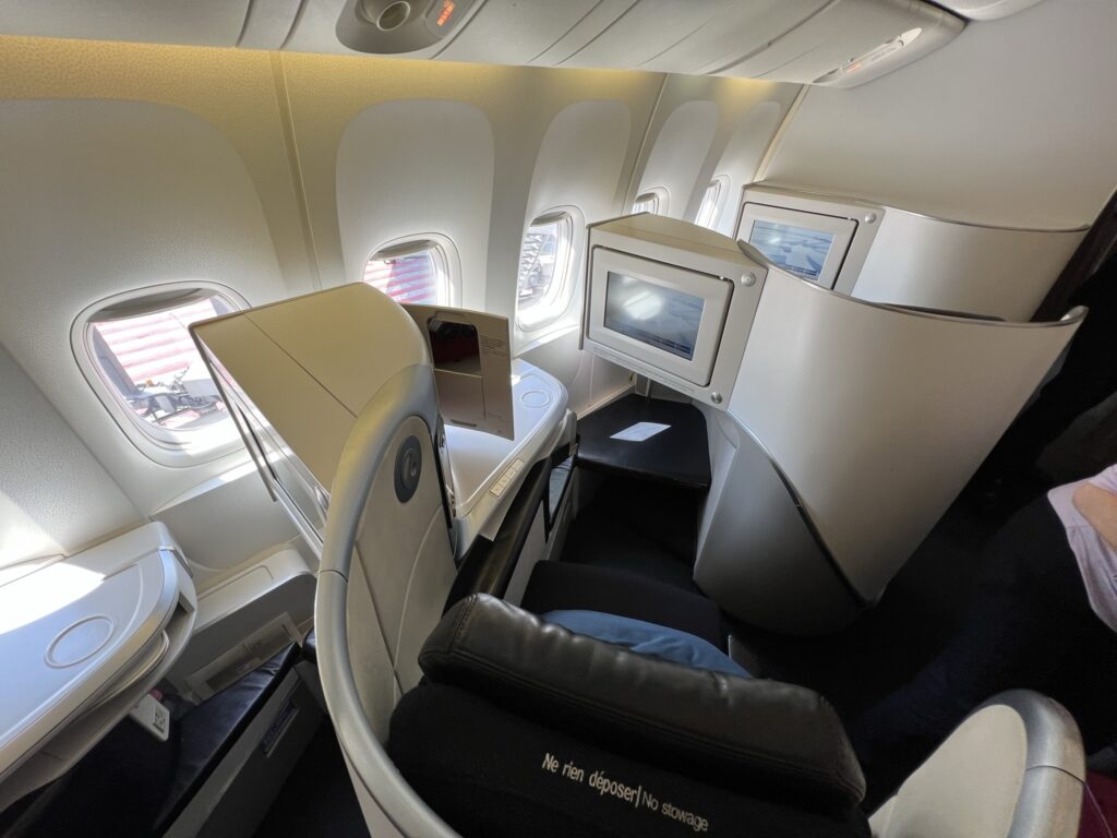 An overhead view of the Air France business class seat on the 777 aircraft.