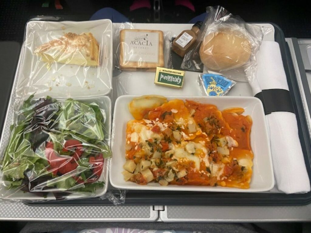 A meal consisting of salad, chicken and a lemon dessert are displayed on the aircraft tray table.