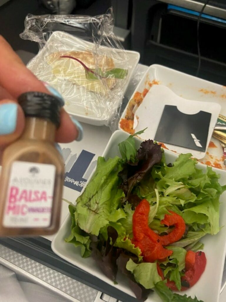 A meal consisting of salad, chicken and a lemon dessert are displayed on the aircraft tray table.