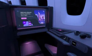 Panasonic Astrova IFE screen is embedded into a business class seat.