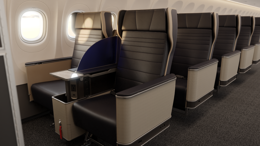 United's first class seat recliners in pairs. A half moon like divider separates the seats.