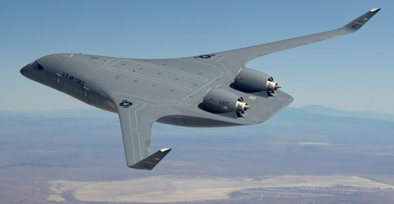 Shown is a rendering of the blended wing body prototype aircraft. (U.S. Air Force graphic)