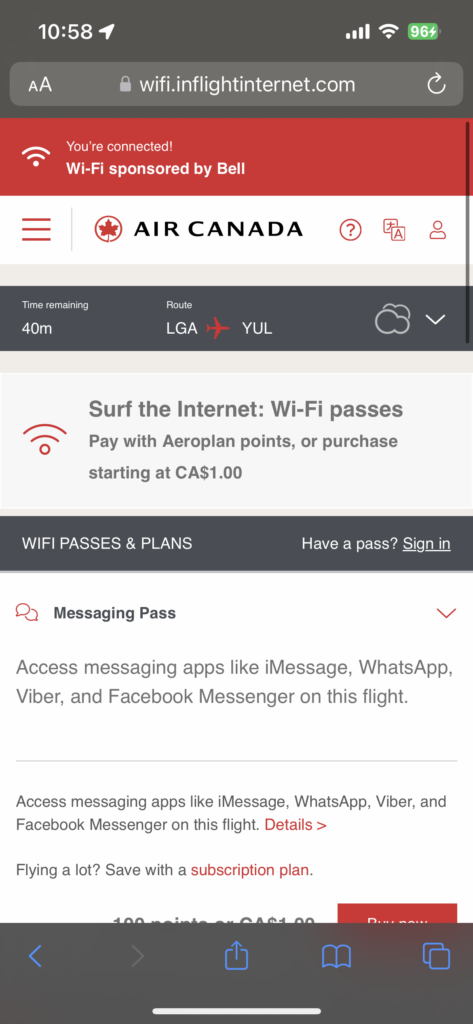 A screenshot of the Wi-Fi plans on Air Canada's A220. 