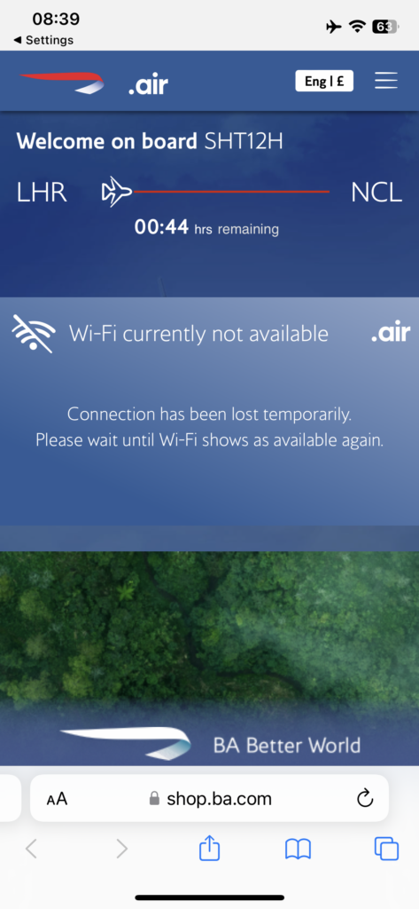 A screen shot of the BA inflight Wi-Fi portal.