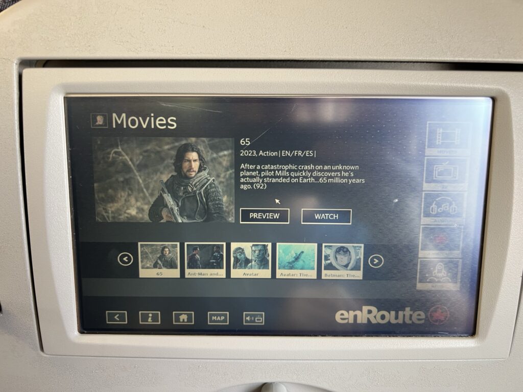 Movie options on the Air Canada E175 flight