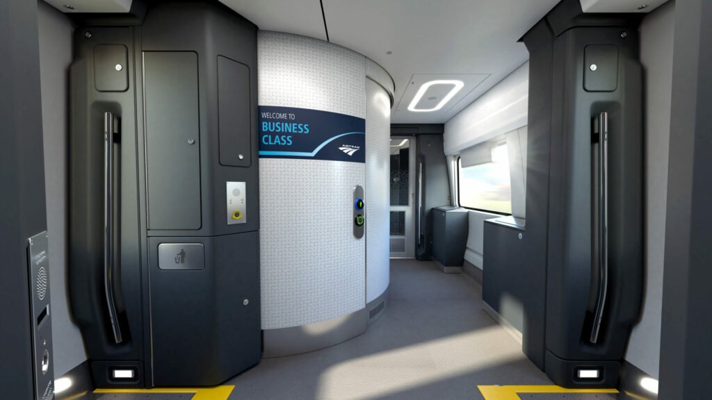 Amtrak Airo business class seating entry way with a sign that says "Welcome to Business Class".