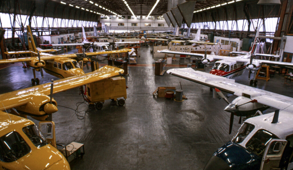 Various Islander aircraft inside the Bembridge facility.