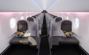 Cabin interior for BermudAir aircraft. Large single seats with multicolored pillows.