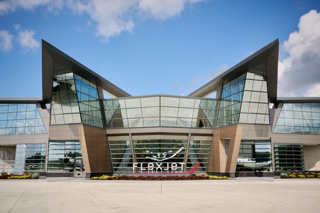 Flexjet headquarters in Cleveland is a large geometrical building made almost entirely of windows. 