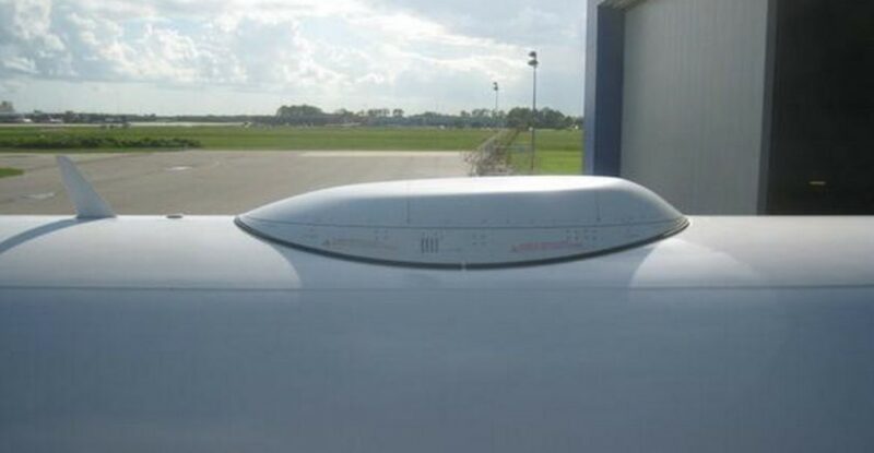 A close up of a Viasat radome on a JetBlue aircraft.