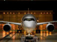 Looking down the nose of an Air France Airbus A350 at night.
