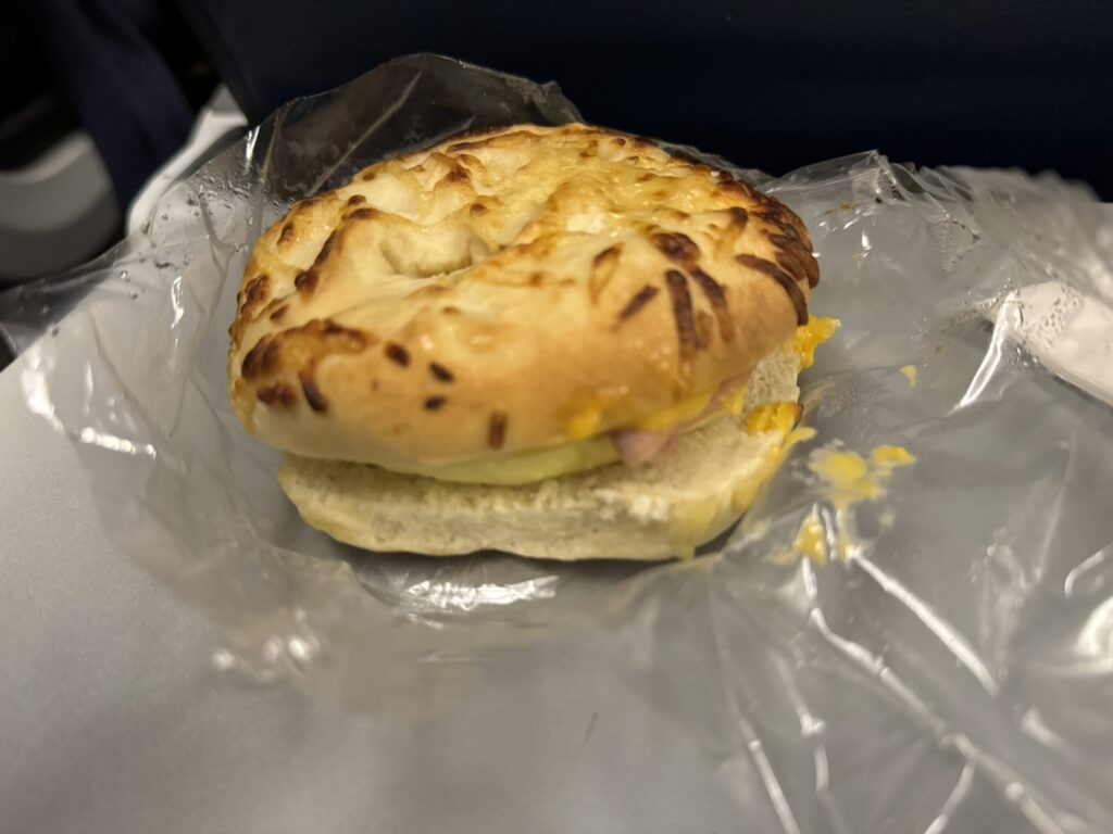 Breakfast sandwich served on the United flight. 