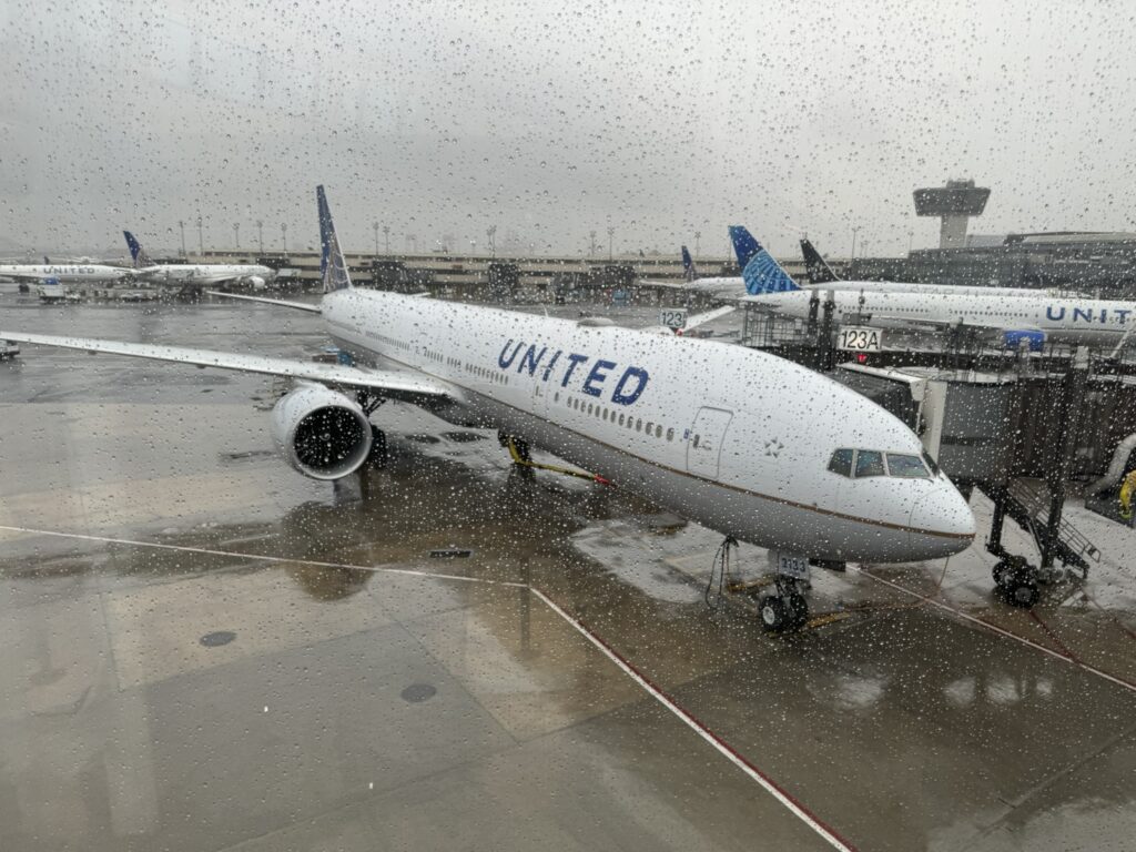 United Airlines 767-300ER at the gate at Newark International Airport.