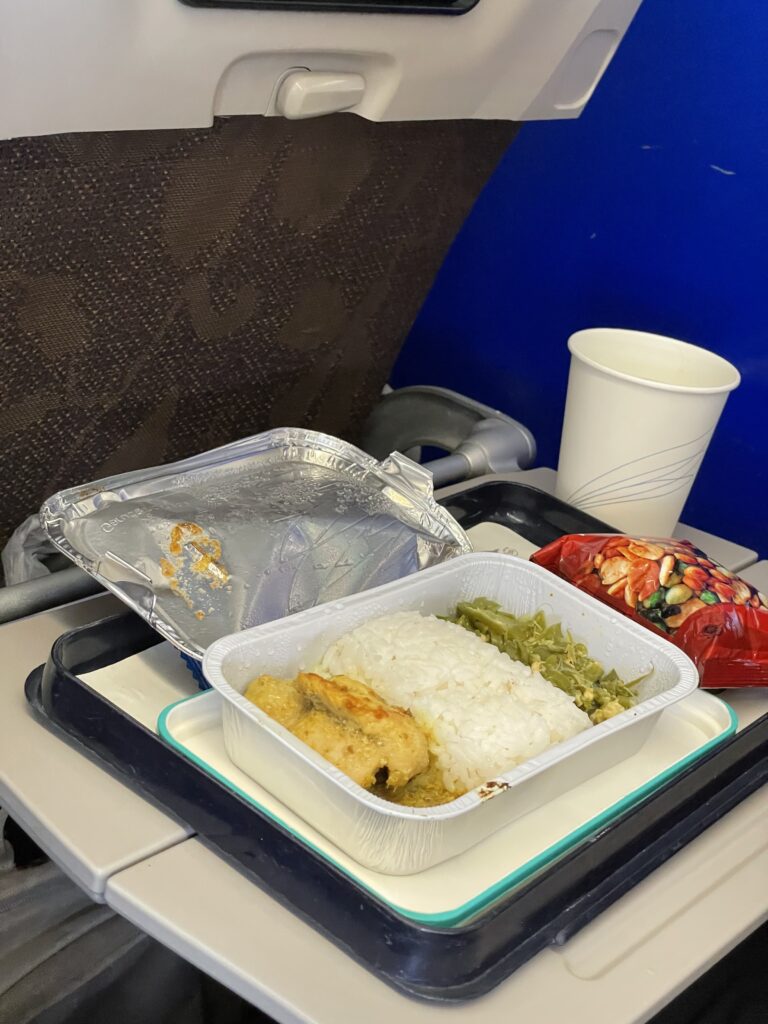 An inflight meal sits in a disposable container on the aircraft tray table.