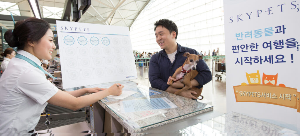 A man is holding a small dog at the Korean Air SKYPETS check-in counter. Image: Korean Air