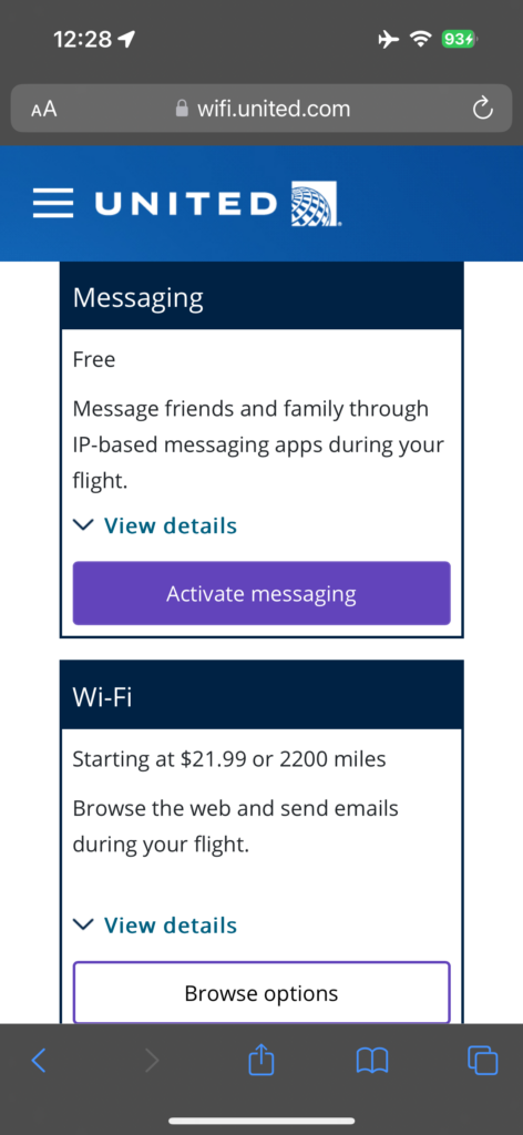 A screen shot of the wifi package options on the flight. 