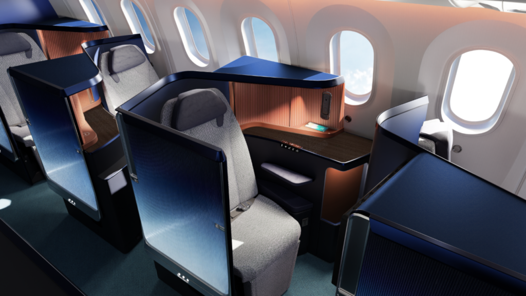 LOT business class cabin is filled with RECARO CL67120 seats in grey, with blue and copper touches