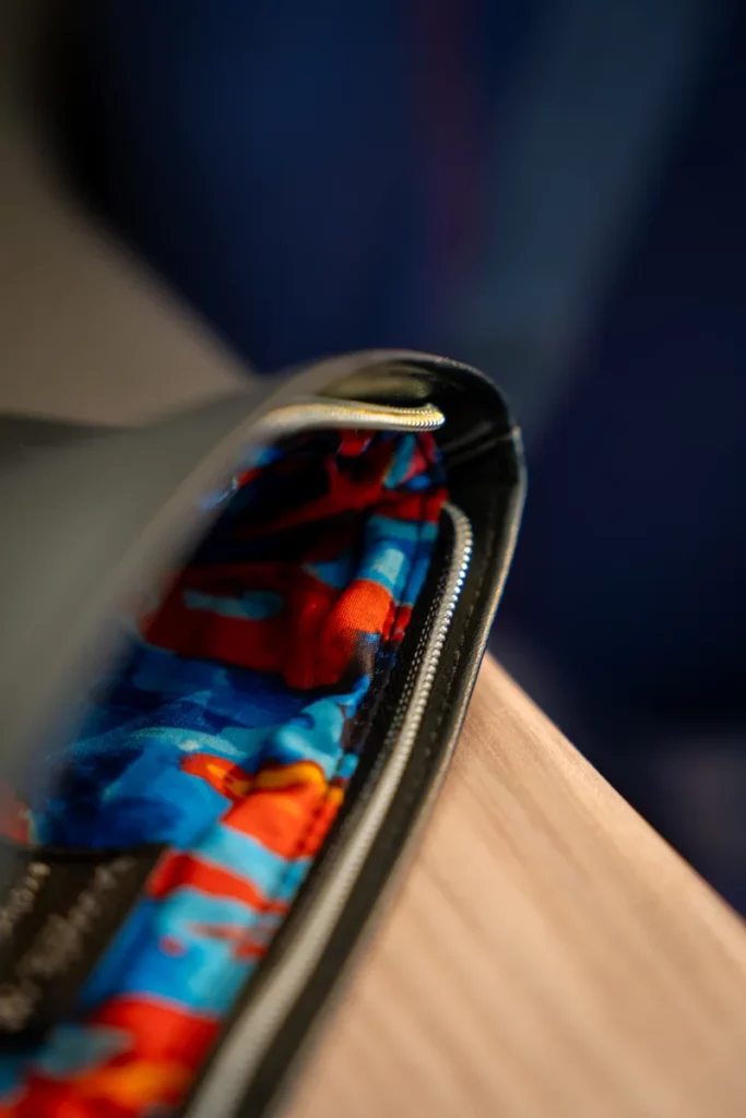 A colorful lining inside the Brussels Airlines' amenity kit pouch.