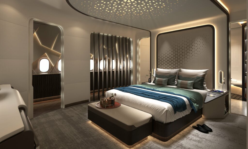 An elegant and almost magical cabin design. CelestialSTAR by Lufthansa Technik shows a large bed with star like lighting above it in an open space.