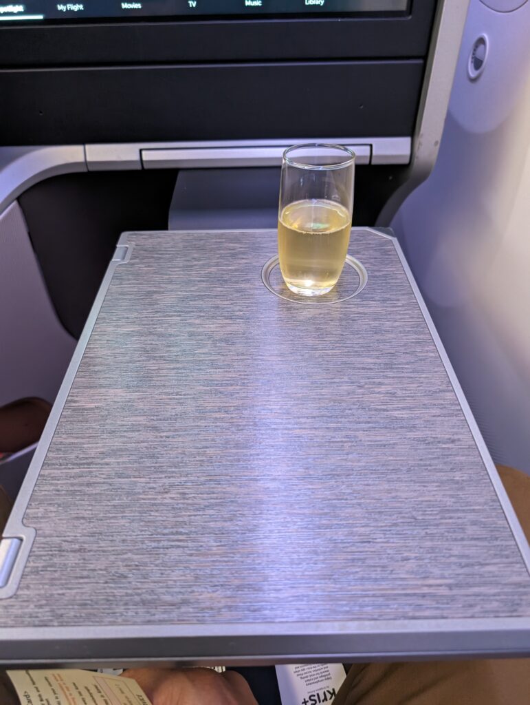 Half-folded tray table is hosting a glass of wine.