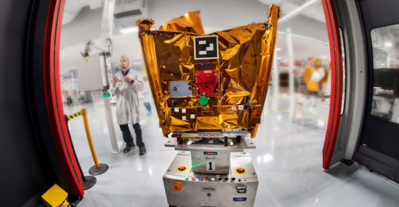 A OneWeb satellite sits ready in the Airbus facility.