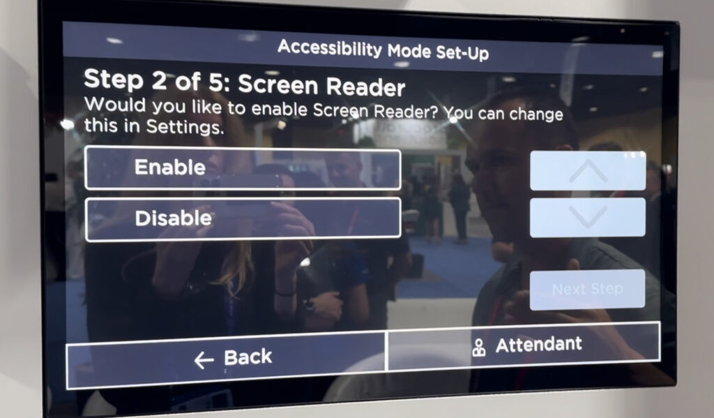 A demo IFE screen showing the new SPI accessible interface. This screen shows step 2 of 5: Screen Reader (enable or disable)